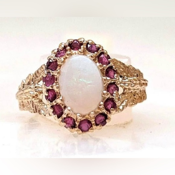 VINTAGE OPAL & RUBY HALO RING - size 7 - Picture 3 of 4